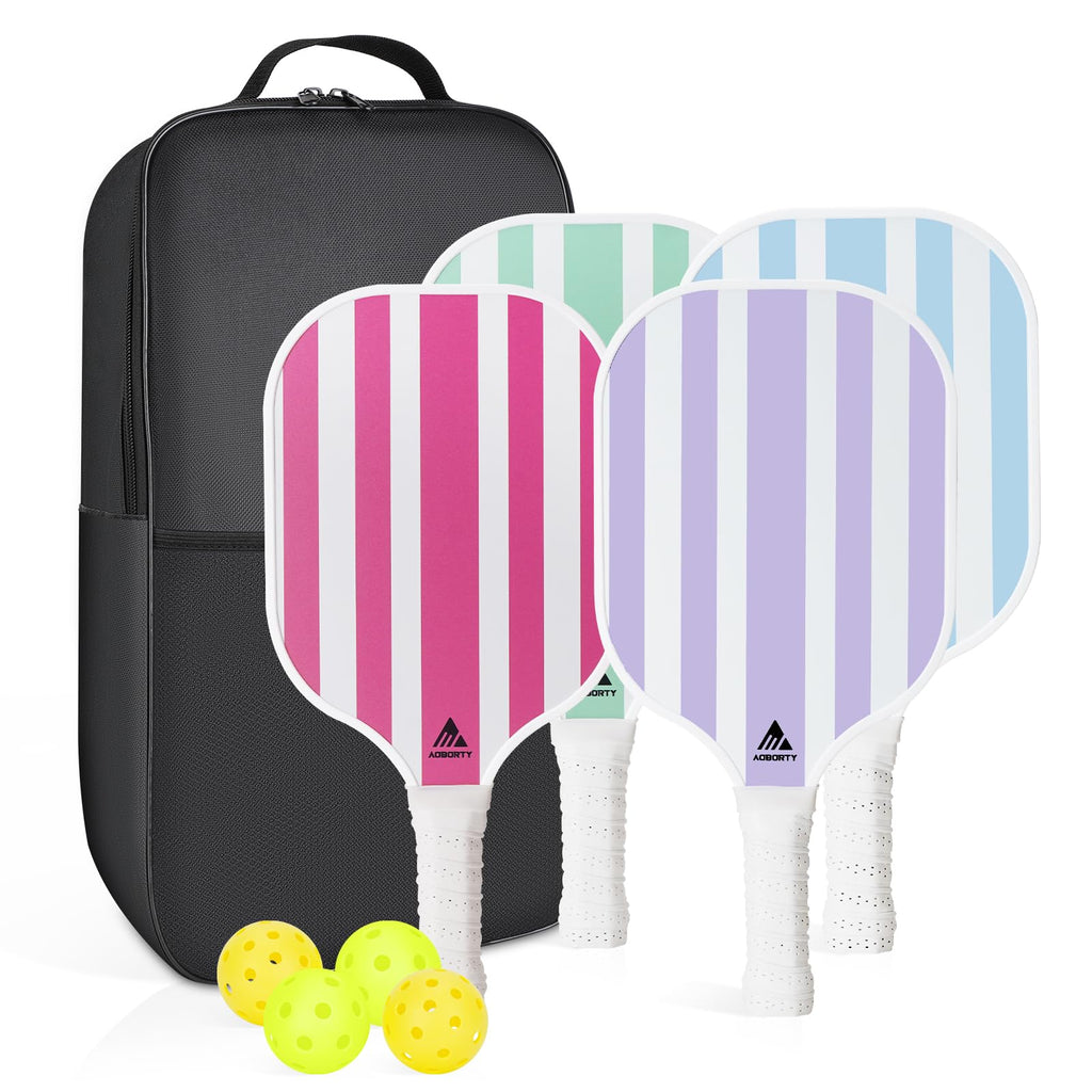 AOBORTY Pickleball Paddles 4 Pack - Light Graphite Premium Rackets Fiber Face Pickleball Set with 6 Outdoor Indoor Balls Including Portable Carry Bag