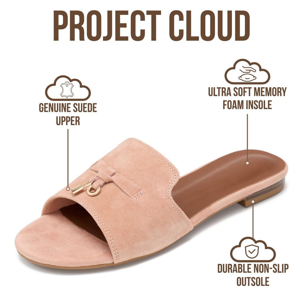Project Cloud 100% Genuine Leather Sandals Women Dressy - Non-Slip Womens Sandals with Memory Foam Insole Slides for Women Footwear - Lightweight Flat Sandals for Women 2026 (Cannes, CHERBLOSDE,7.5M)