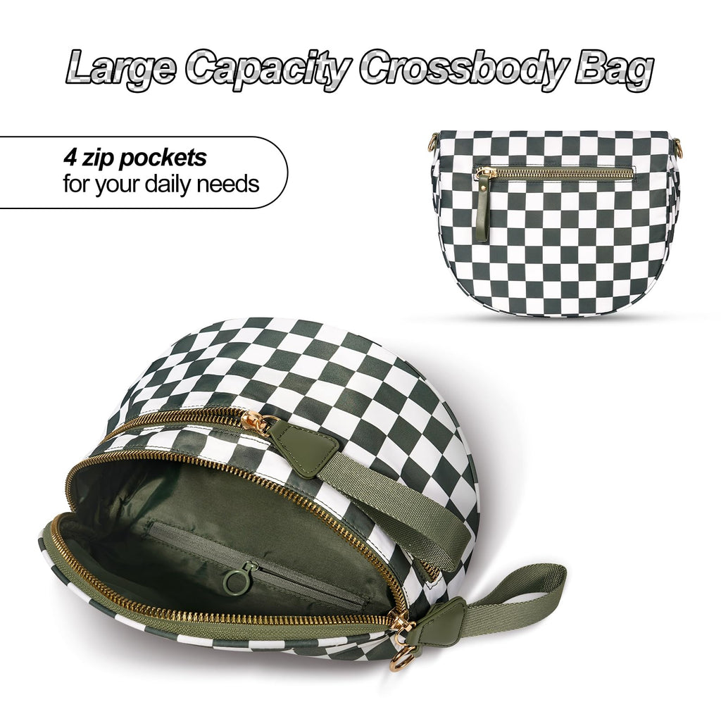 idoltimes Checkered Crossbody Bag,Nylon Bum Bags for Women Crossbody,Spacious Sling Bag Purse Fanny Packs with Shoulder Strap