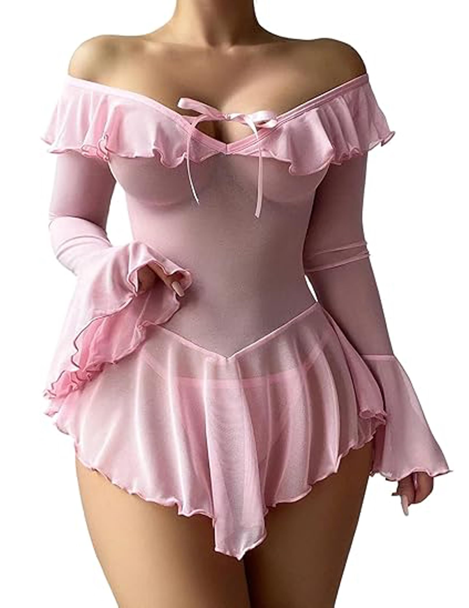 Avidlove Women Lingerie Mesh Babydoll Long Sleeve Lingerie For Women Sexy Outfits For Women (Pink, XX-Large)