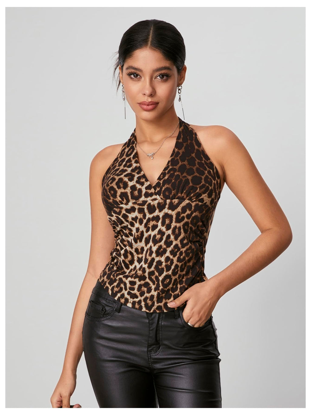 WDIRARA Women's Leopard Print Ruched Halter Crop Tops V Neck Tie Back Sleeveless Slim Fit Cami Tops Multicolor Leopard Large