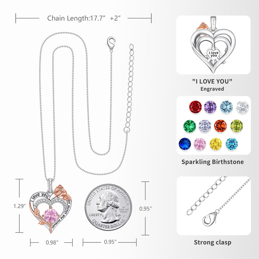 Rose Birthstone Heart Necklaces for Women S925 Sterling Silver I Love You Jewelry Gift for Women Birthday Wedding Anniversary, Mother’s Day Gifts for Mom, Mother, Wife, Girlfriend with Birthstone Pendent Necklace (10-White Gold-Oct)