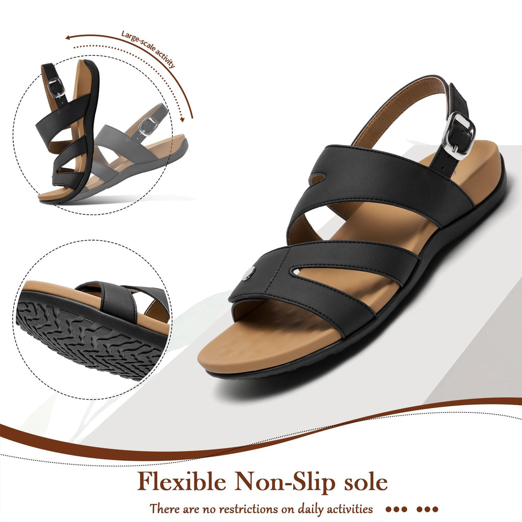 Littleplum Women's Orthopedic Sandals With Arch Support Comfortable Walking Orthotic Casual Flat Sandals For Women Dressy Black Size 8