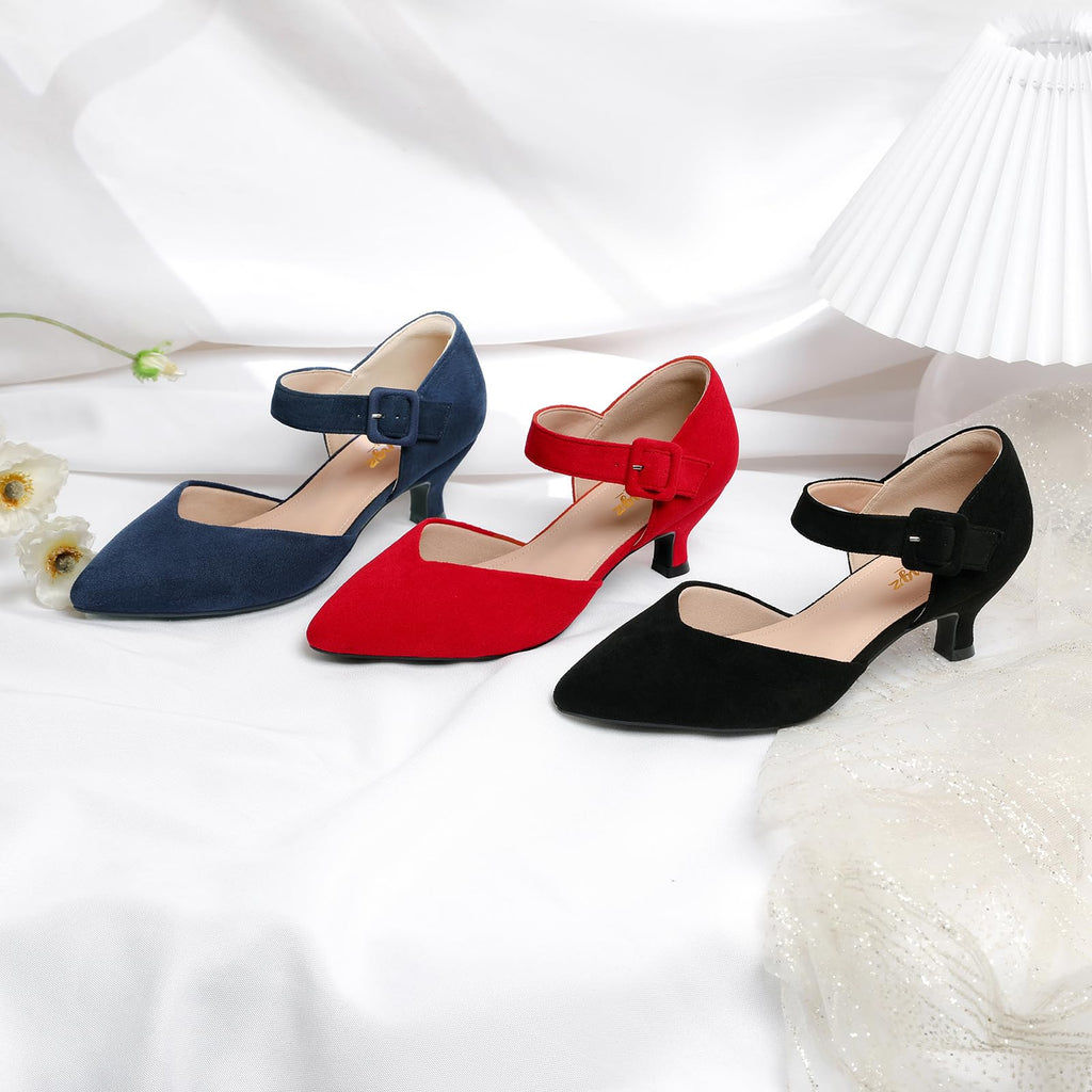 RIBONGZ Black Comfortable Kitten Heels Suede Prom Low Heels for Women Closed Pointed Toe Slip on Ankle Strap Buckle Pumps Church Wedding Bridal Party Dressy Shoes 8