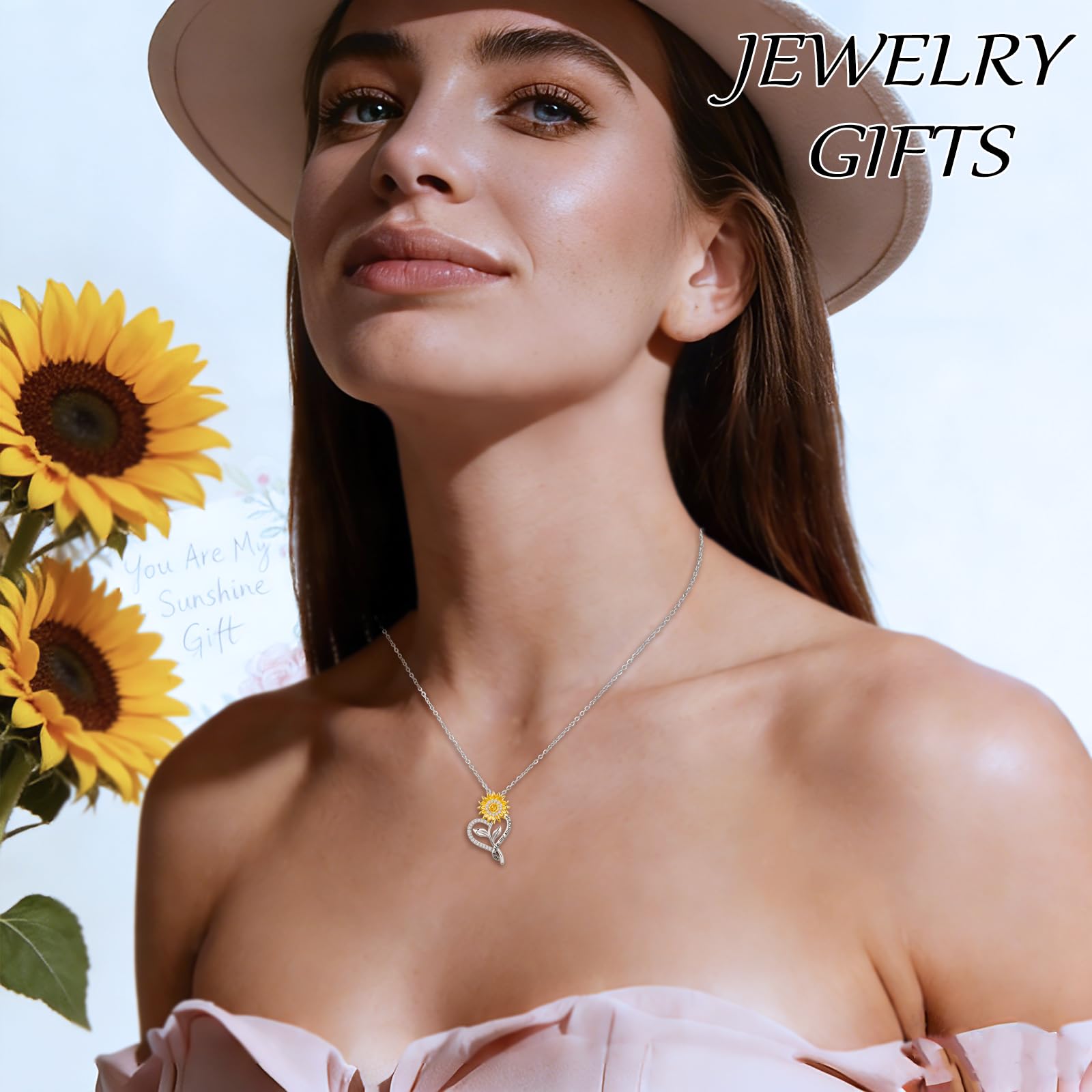 Meeshi Valentines Day Gifts for Her - 18k Gold Plated Sunflower Necklace for Women, Anniversary for Her Gifts Wife Birthday Gift Ideas, Womens Jewelry for Girlfriend With You Are My Sunshine Gift Card