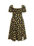 CIDER Women's Plus Size Dress Floral Fruit Square Neck Puff Sleeve Split Sun Dress Summer Midi Dresses Vacation Outfits Black