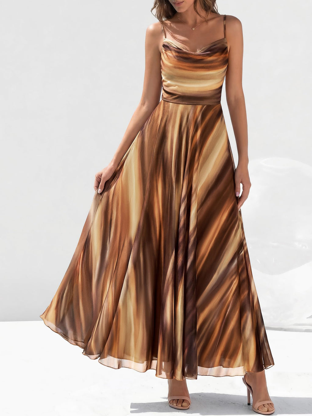 BTFBM Women Summer Floral Maxi Dresses Elegant Spaghetti Strap Dress Printed Party Dress Beach Long Dresses(Floral Brown,X-Large)