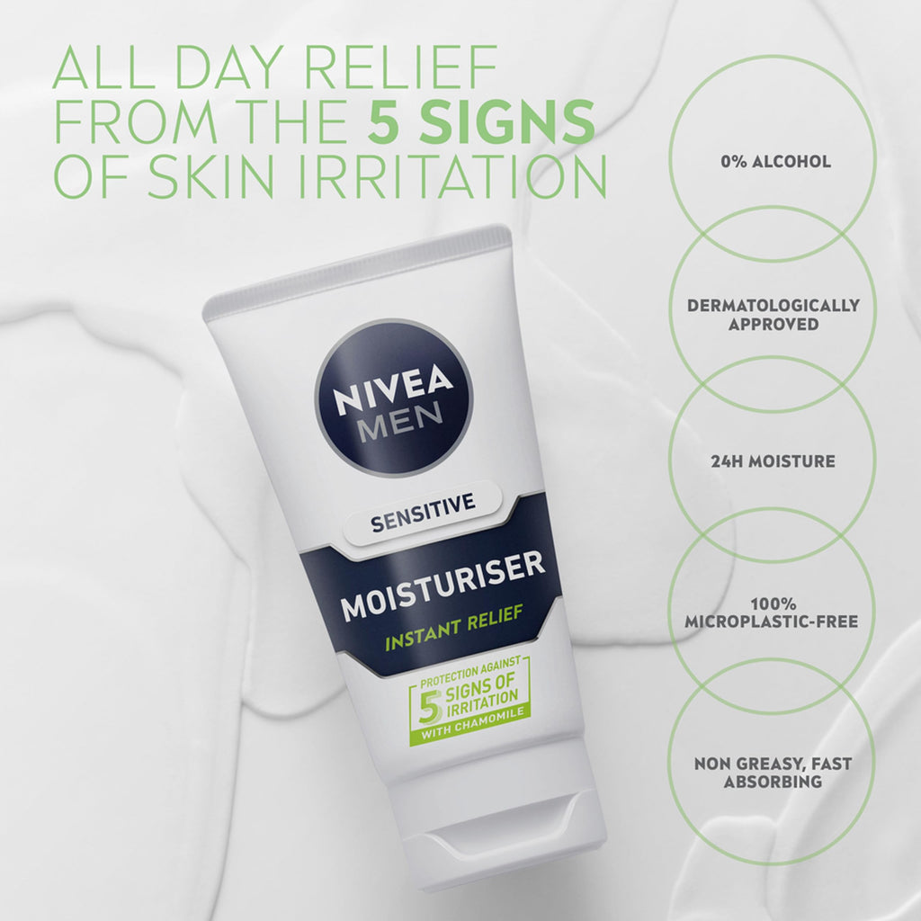NIVEA MEN Sensitive Face Moisturiser (75ml), Hydrating Moisturiser with 0% Alcohol, Made for Sensitive Skin, Men's Skin Care Essentials