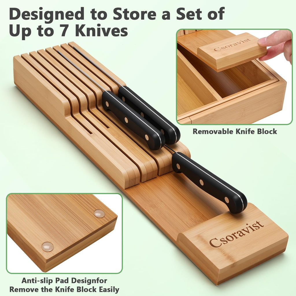 Csoravist 9-Piece Bamboo Kitchen Drawer Organizer Set, Expandable Silverware &Utensil Organizer with Removable Knife Block & Steak Knives, Flatware Organization, Tableware Dividers Storage(Natural)
