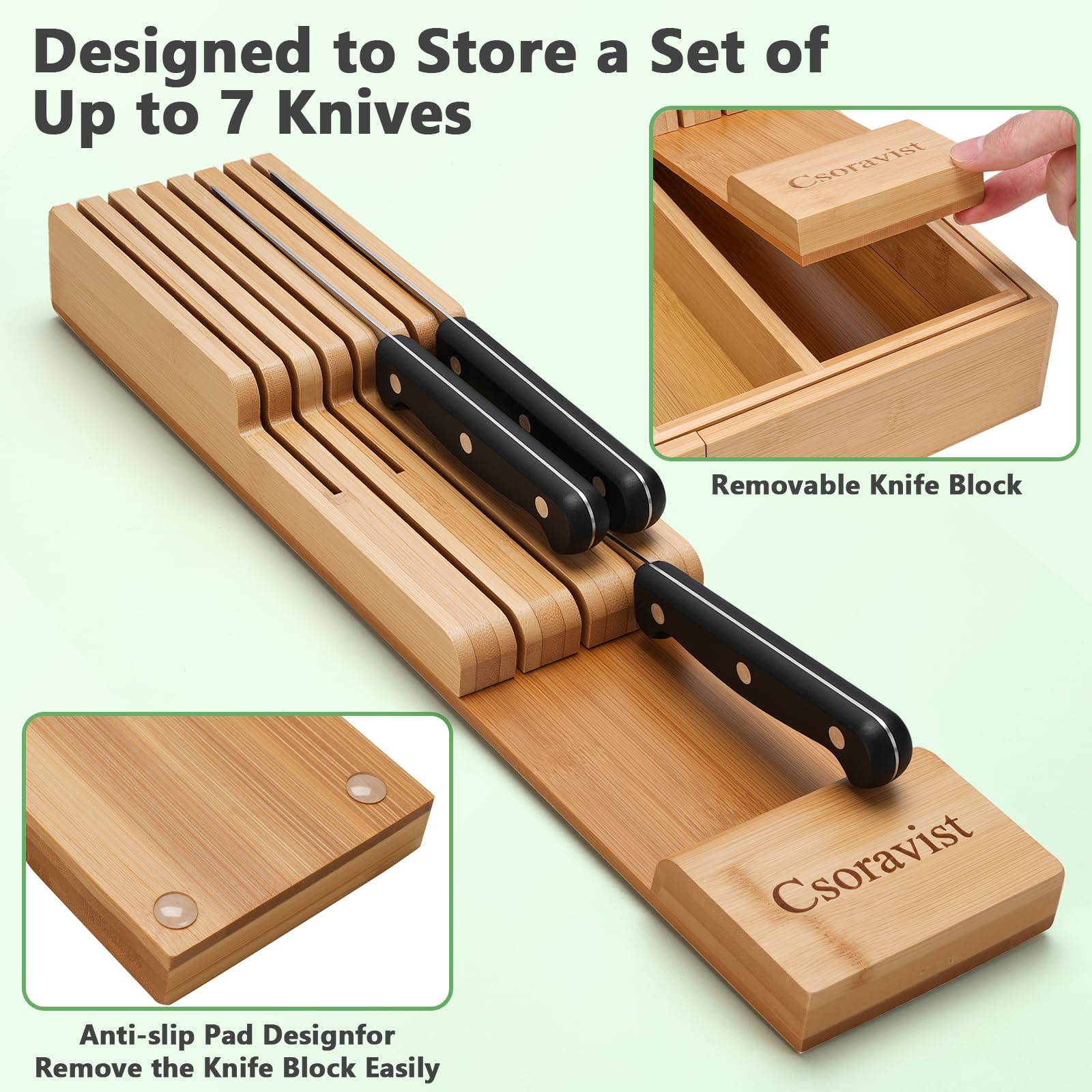 Csoravist 9-Piece Bamboo Kitchen Drawer Organizer Set, Expandable Silverware &Utensil Organizer with Removable Knife Block & Steak Knives, Flatware Organization, Tableware Dividers Storage(Natural)
