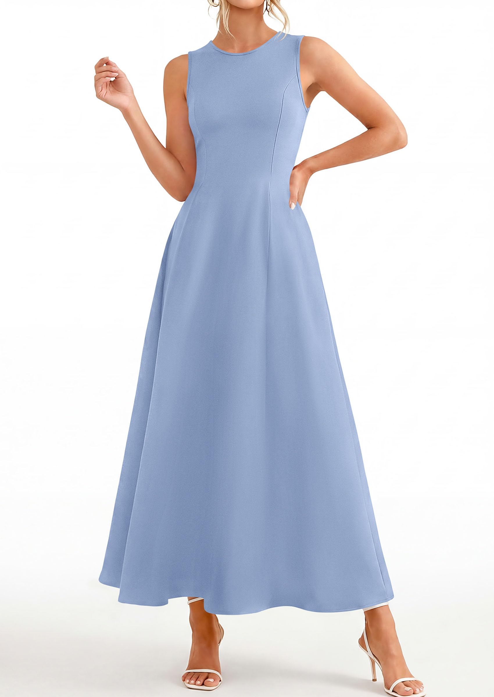 PRETTYGARDEN Women's Maxi Dress Summer Wedding Guest 2026 Spring A Line Long Tank Flowy Modest Sleeveless Cocktail Dresses (Light Blue,X-Large)