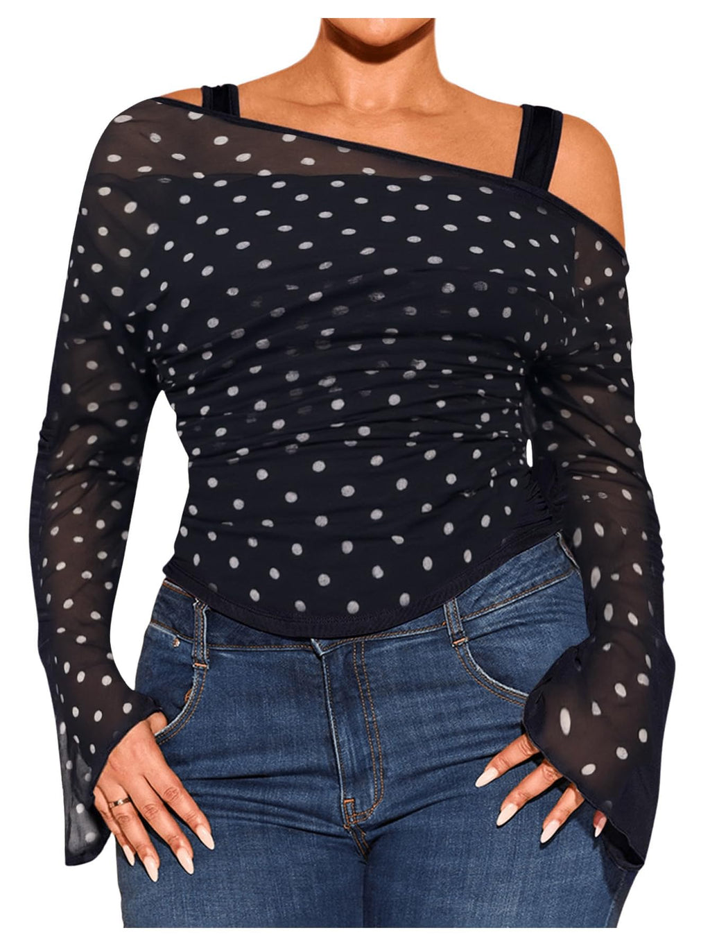 WDIRARA Women's Plus Size 2 in 1 Off Shoulder T Shirt Ruched Sheer Bell Long Sleeve Tee Black and White XX-Large Plus