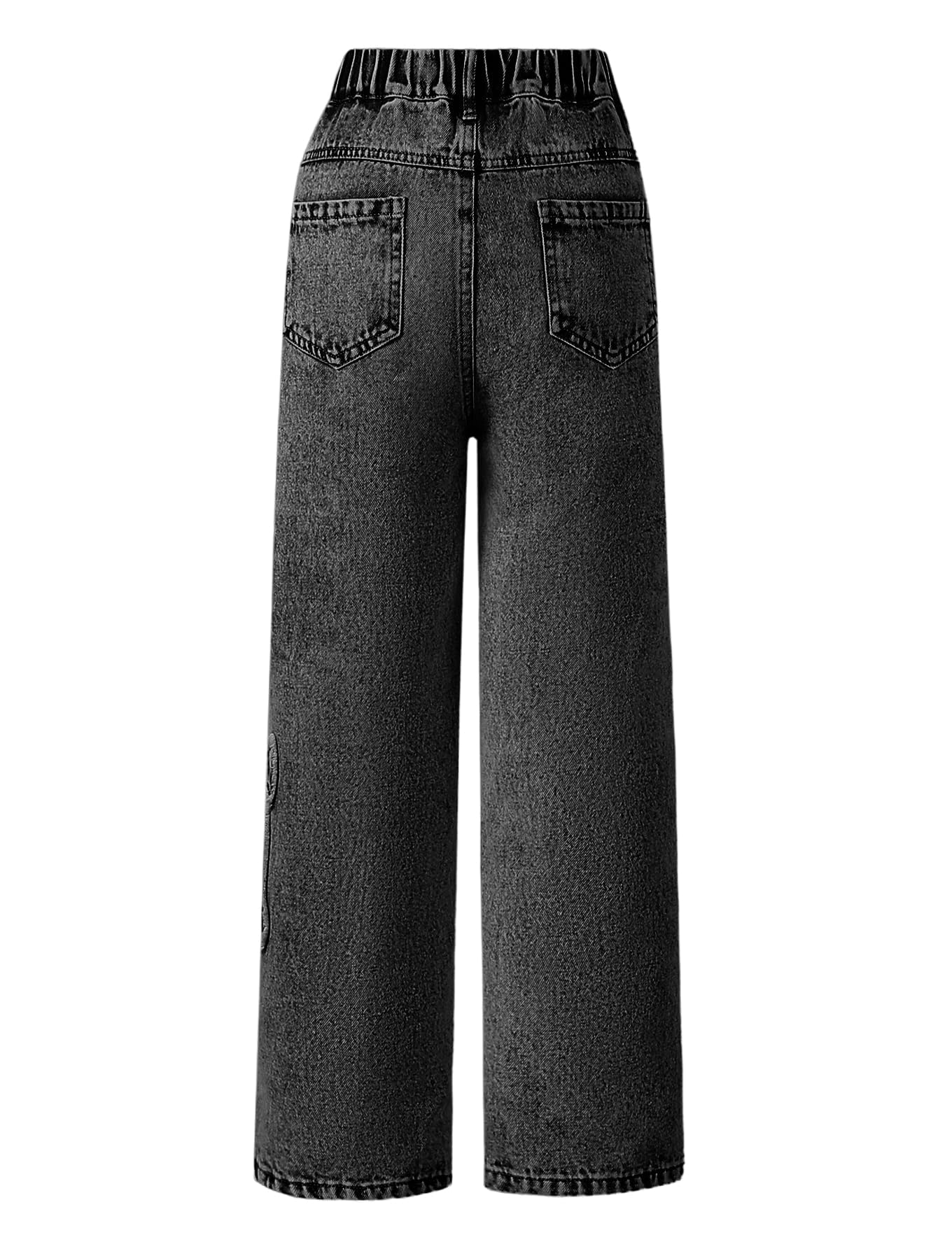 WDIRARA Girl's Bowknot Print Washed Jean Elastic Waist Denim Pants Straight Leg Trousers with Pockets Black 15Y