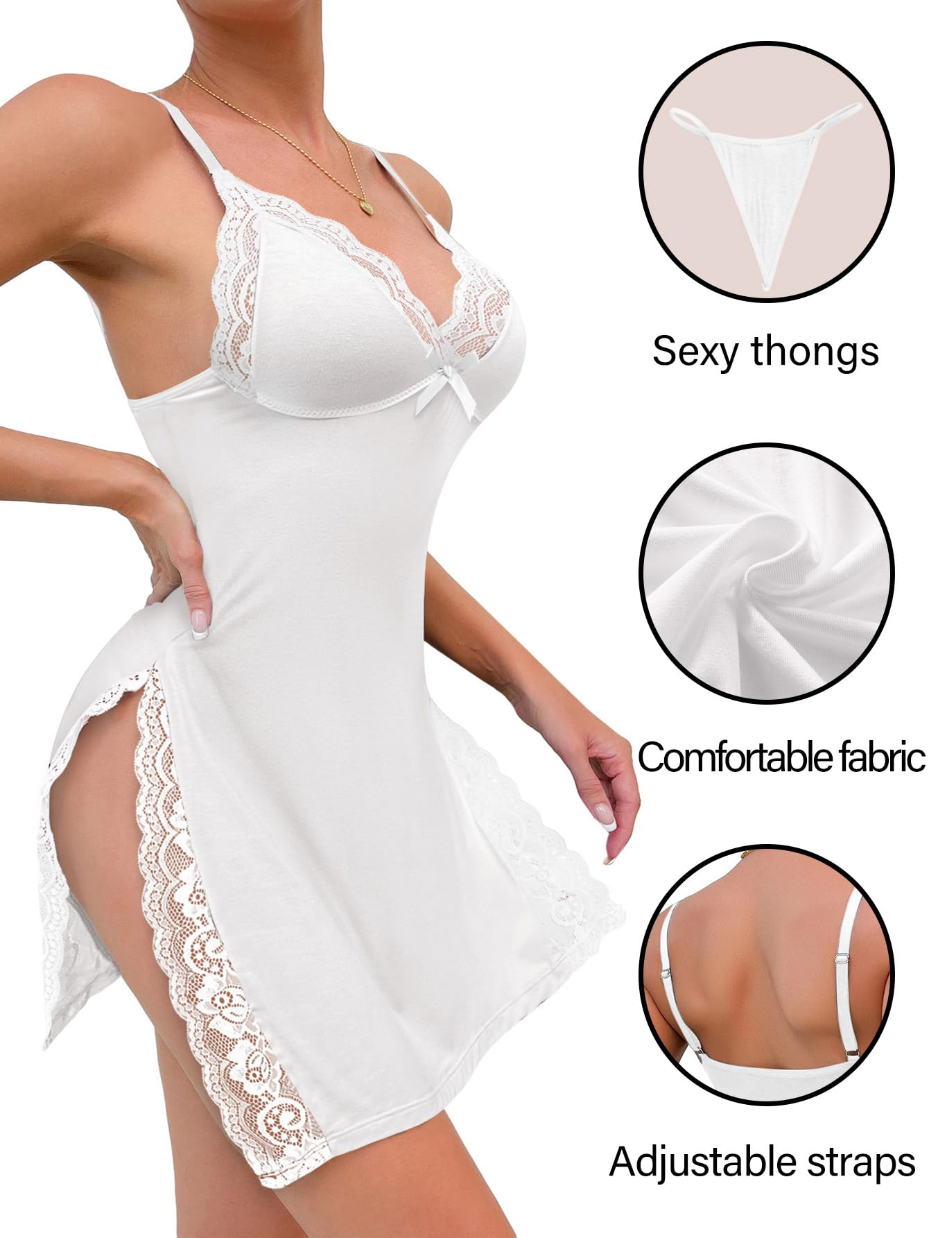 Foxiny Sexy Split Side Floral Lace Trim Full Slip Night Gown Babydoll Lingerie Dress with Thong 2 Piece Women High Slit Cami Nightgown Pajamas Set Nighty Sleep Wear Bridal White Medium