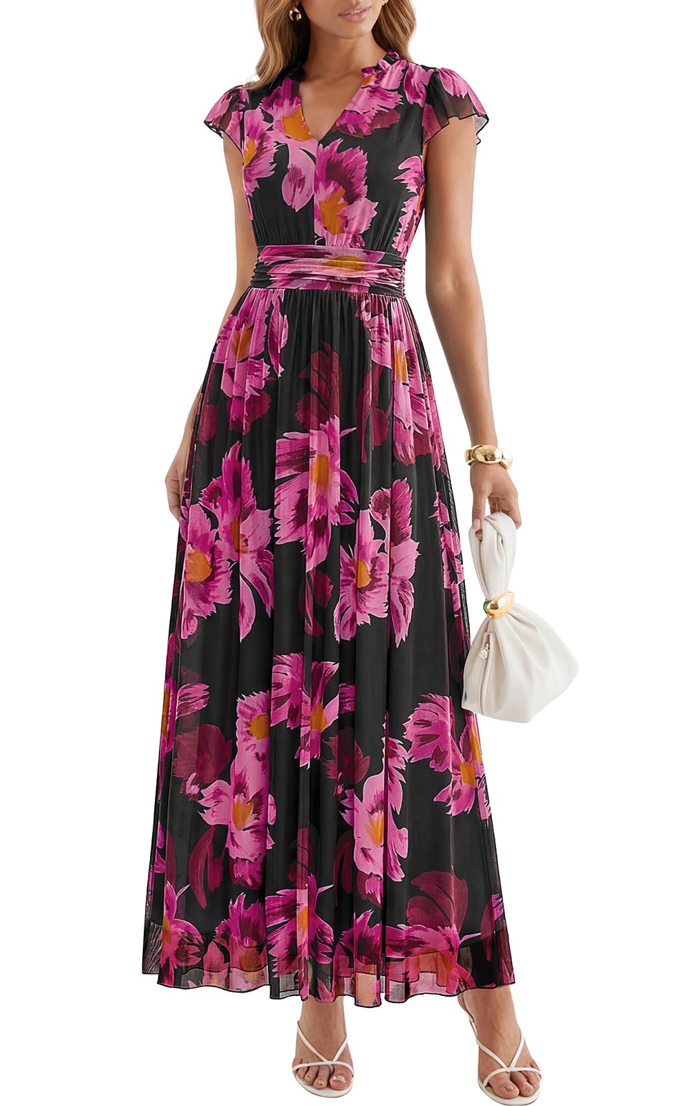 PRETTYGARDEN Women's Floral Short Sleeve Summer Maxi Dresses 2026 Ruffle V Neck High Waisted Elegant Wedding Guest Dress (Black Pink Floral, Small)