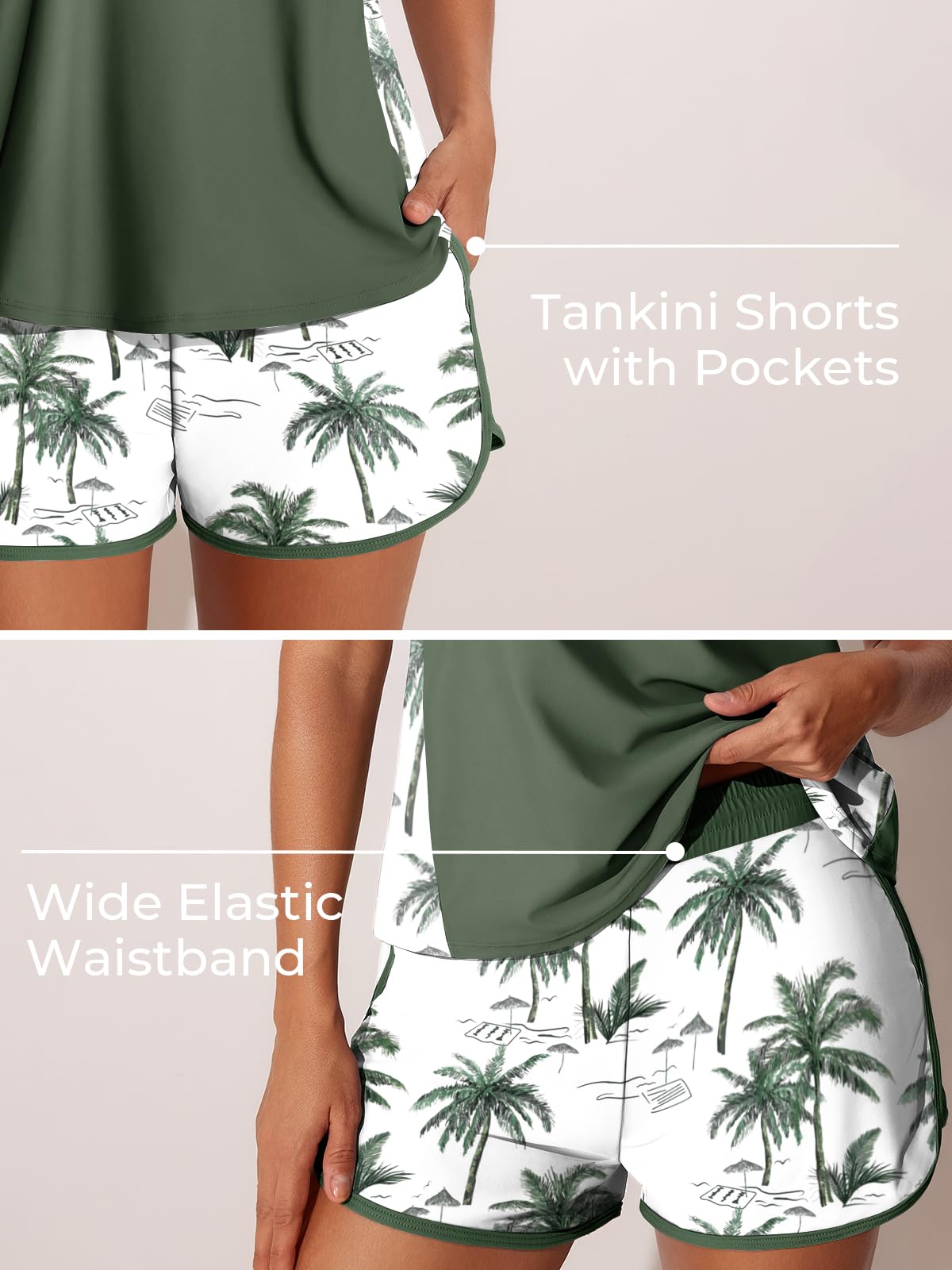 Summer Mae Blouson Tankini Swimsuits for Women 2026 Tummy Control Two Piece Bathing Suits with Sporty Pockets Swim Shorts Green Shadowa Size 12