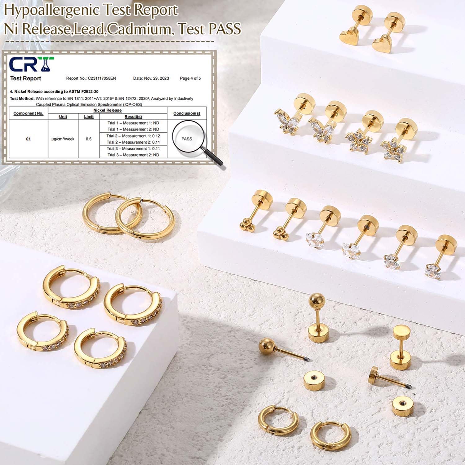 Jstyle Hypoallergenic 14K Gold Plated Flat Back Earrings for Women Men Surgical Stainless Steel Earrings for Sensitive Ears Small Stud Hoop Cartilage Earring Stack Set for Multiple Piercing Jewelry