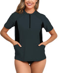 Halcurt Women's Half Zip Short Sleeve Rash Guard Top with Bra Side Pockets Swim Shirts UPF50+ Swimsuit Gray Black S