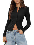 Gleeneat Long Sleeve Going Out Tops Button Down Up Ribbed Cardigan Sweaters for Women Trendy Black Cropped Fall Crop Light Weight Basic Cardigans Knit Shirts 2025 Cute Spring Outfits