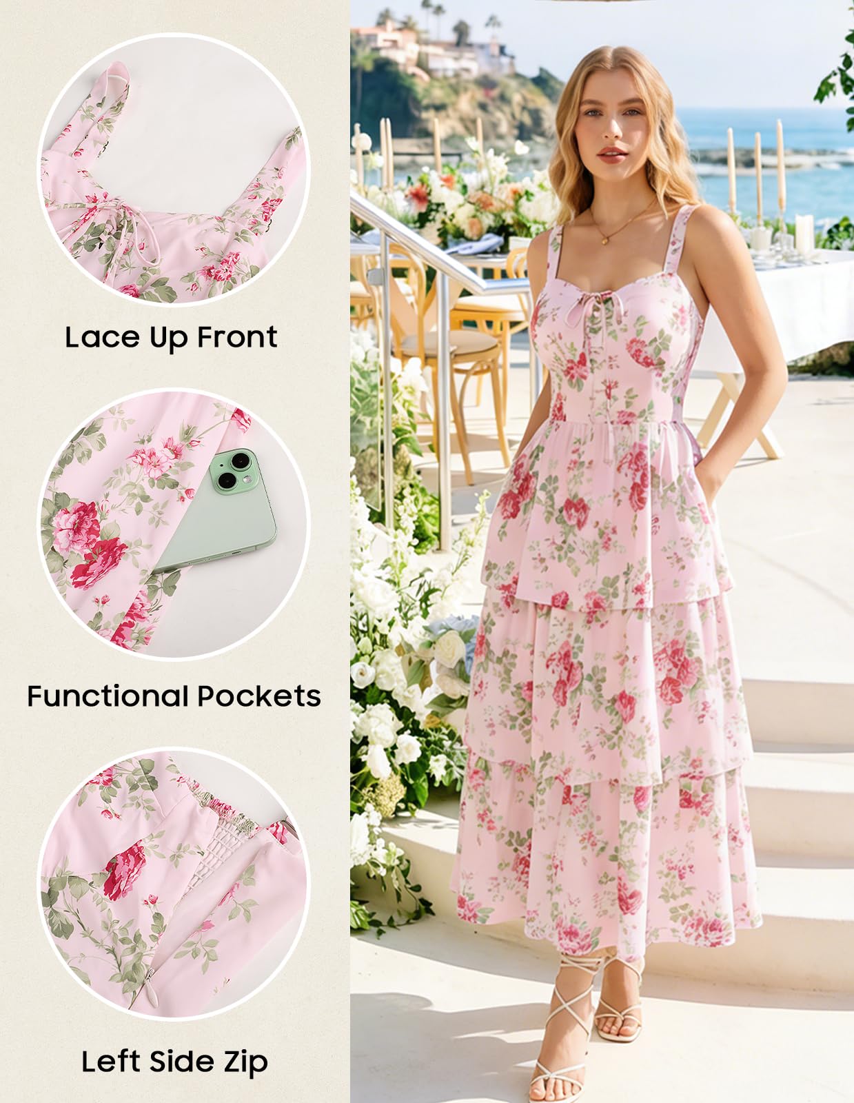 Women's Wedding Guest Dresses Maxi Floral Dress Summer Ruffle Long Corset Milkmaid Dress Pink Rose Size 16