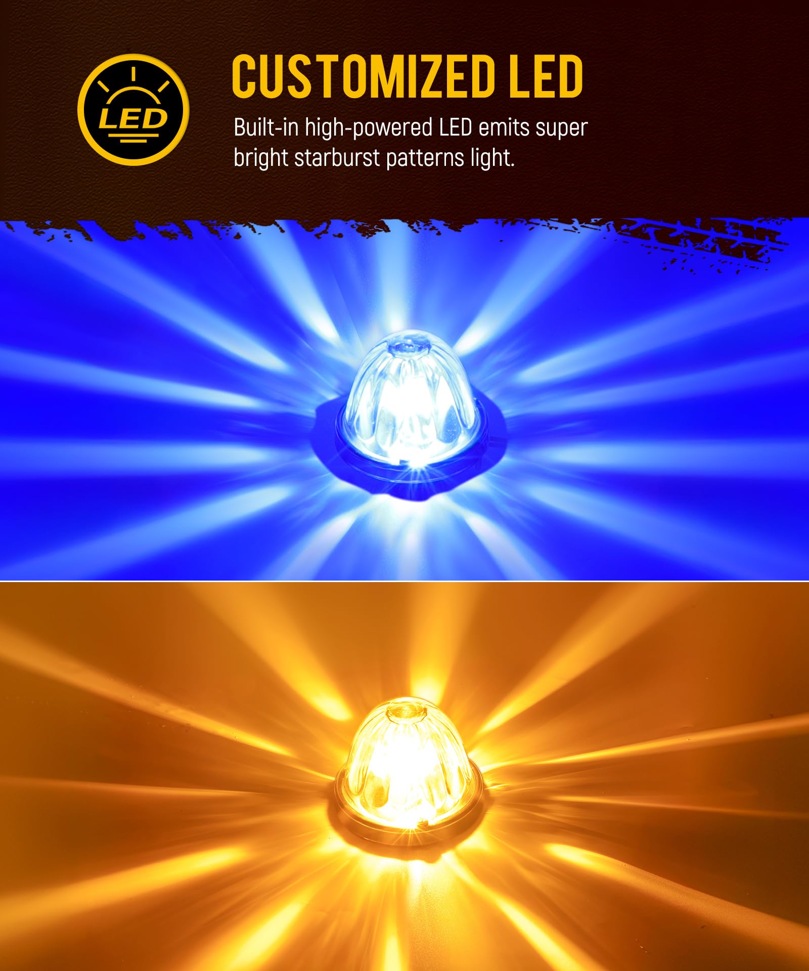 Partsam 2Pcs Dual Color Amber/Blue LED Glass Lens Watermelon Lights [Patented], Turn Signal Marker Lights with Stainless Steel Bezel Compatible with Kenworth Peterbilt Freightliner