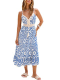 CUPSHE Womens Boho Midi Dresses Summer Spaghetti Strap Crochet Lace V Neck Drawstring Waist Beach Vacation Casual Sundress Blue Paisley, M