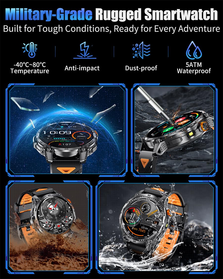 PODOEIL Military Smart Watches for Men,1000mAh/1.7" HD Large Screen Smartwatch, Led Flashlight, Answer/Make Calls,Waterproof,Heart Rate/Sleep Monitor/110+ Sport Modes Fitness Watch for Android/iPhone