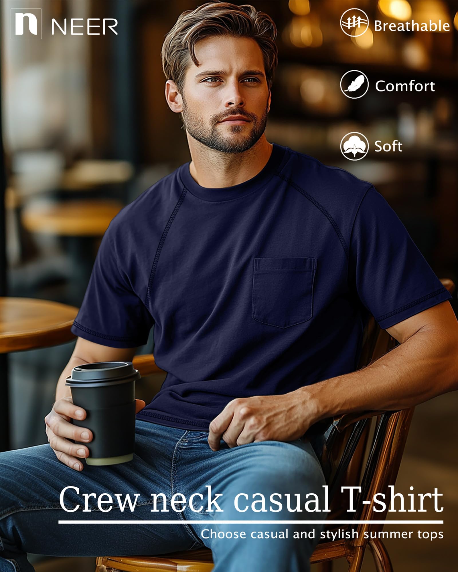 Neer 3 Pack Big and Tall Shirts for Men with Pocket XL-5XL Plus Size Crew Neck Raglan Short Sleeve Summer Casual T Shirts Tee(Black, Light Gray, Navy Blue,4X-Large)