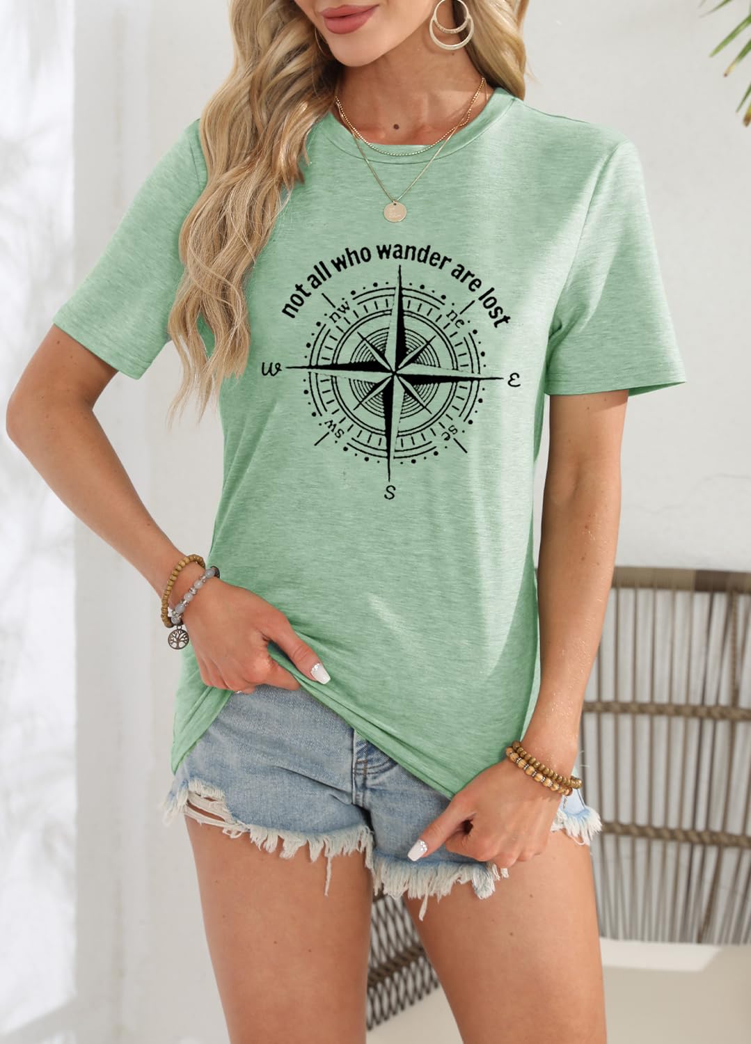 Graphic T-Shirts for Women Hiking Camping Trip Compass Printed Vintage Summer Casual Tees Holiday Workout Tops (Light Green, XL)