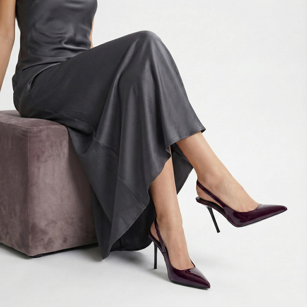 Women's Slingback Stiletto High Heels Pointed Toe Slip On Pumps Shoes Patent Leather Stretch Strap Backless Dress Heels Cherry Red