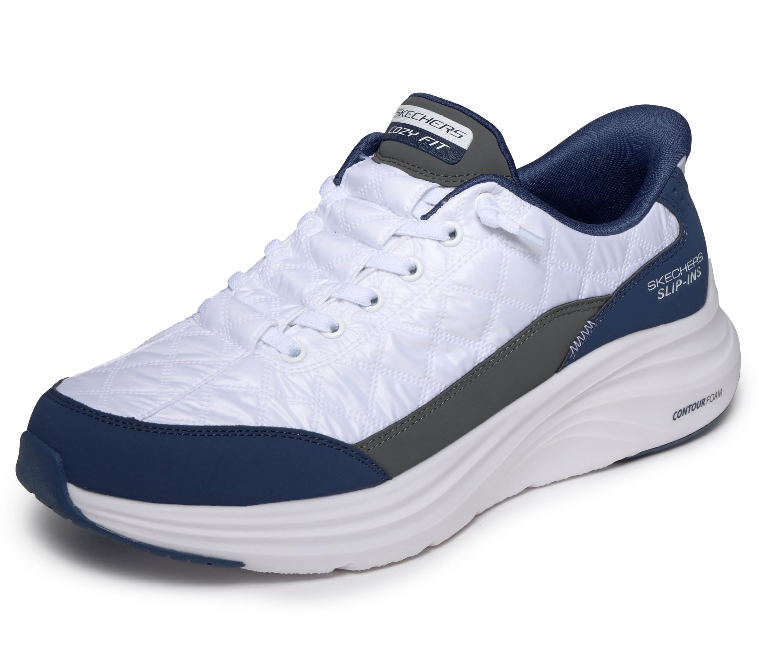 Skechers Men's Contour Foam Cozy Fit Hands Free Slip-in Sneaker,White/Navy,9 Wide