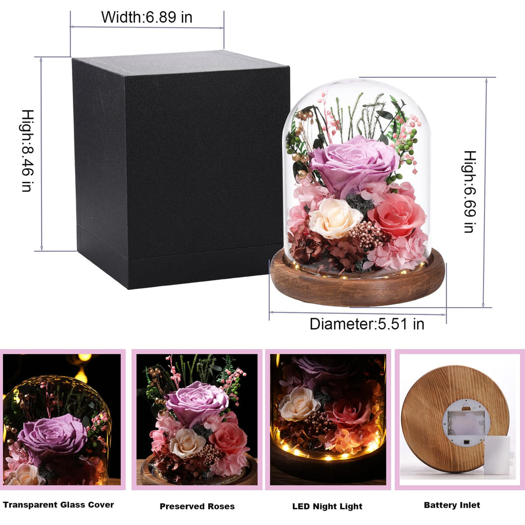 LOVENFOLD Flowers for Delivery Preserved Flowers lilac Roses with LED Light in a Glass Dome,Long Lasting Forever Flowers Birthday Gifts for Women Daughter Mom Wife Friend（lilac Rose）
