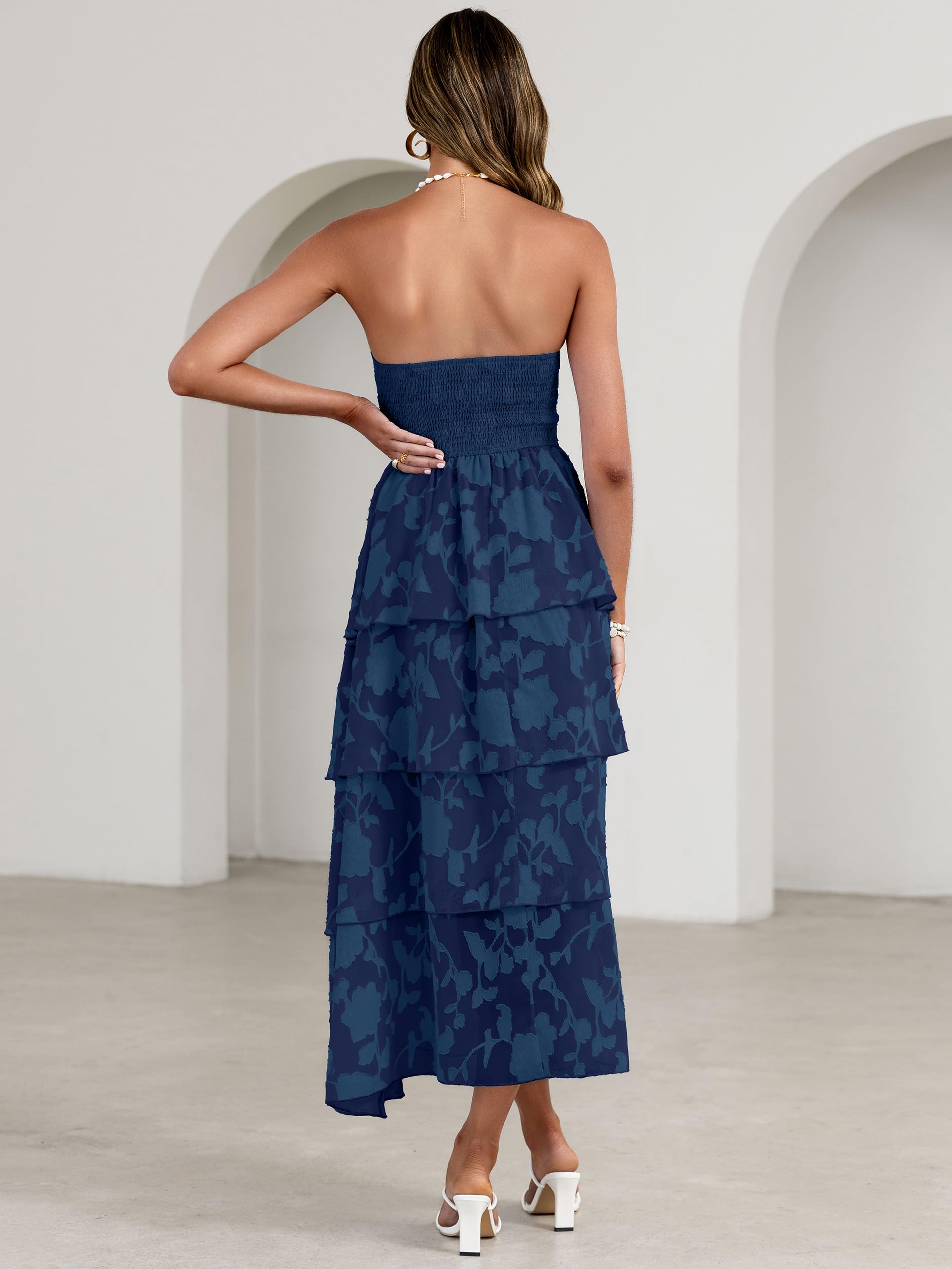 Simplee Womens Summer Strapless Maxi Dress 2026 Off The Shoulder Casual Cute Floral Boho Smocked Tube Dresses Vacation Long Sundress(Navy S)