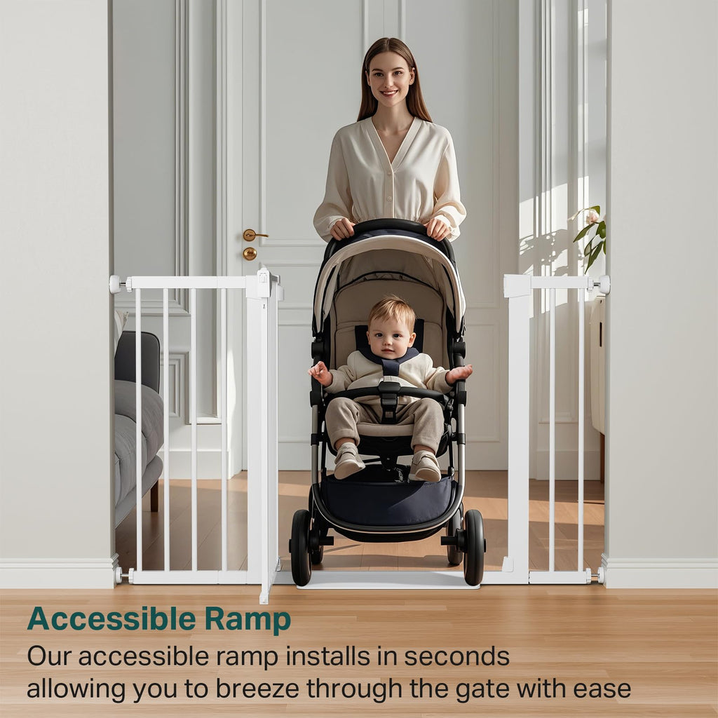 Cumbor 29.7-48" Baby Gate for Stairs, Mom's Choice Awards Winner-Dog Gates for Doorways, Auto Close Safety Pet Gate for Dogs Indoor, Easy Install Pressure Mounted Child Gate with Walk Thru Door, White