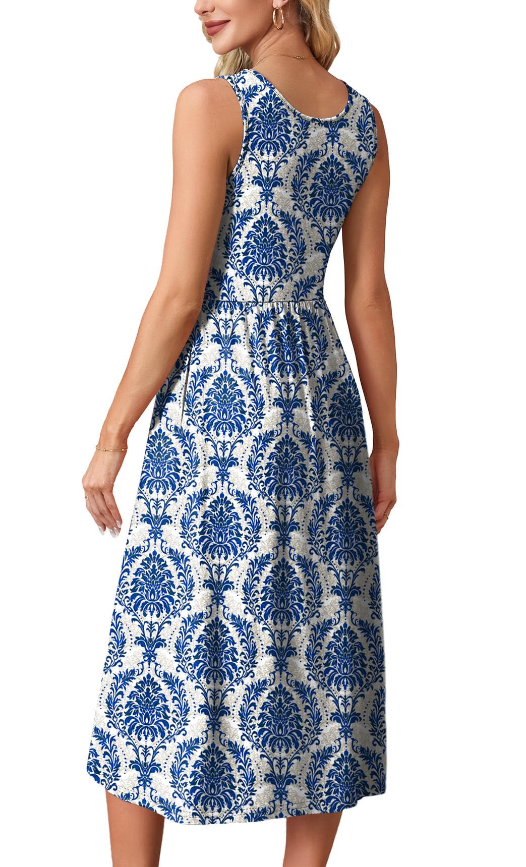WIHOLL Summer Dresses for Women 2025 2026 Sleeveless Flowy Cute Casual Midi Dresses for Women Spring Dress Sundresses for Women Resort Wear Maxi Dress Blue Damask Print M