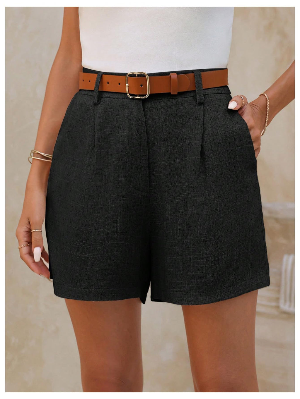 SweatyRocks Women's Linen Shorts High Waisted Straight Leg Pleated Dressy Shorts with Pockets Black Small