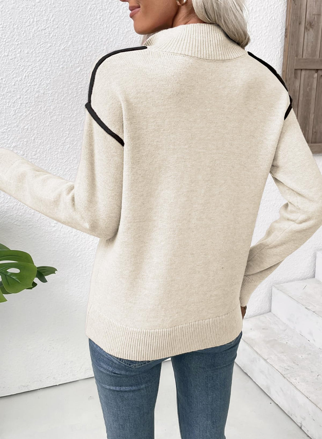 EVALESS Women's Casual Long Sleeve Quarter Zip Pullover Sweaters 2025 Fashion Trendy Fall V Neck Collar Ribbed Knitted Chunky Loose Clothes Outfits,Beige Small
