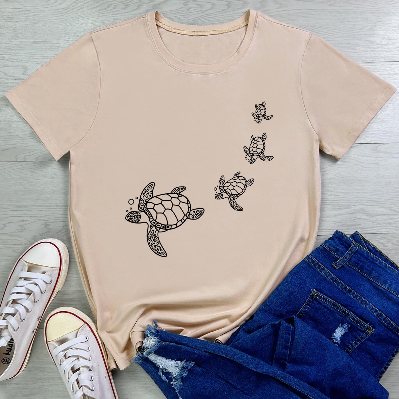 LOOKFACE Women Turtle Graphic Printed Tshirts Cute Funny Tees Apricot Large