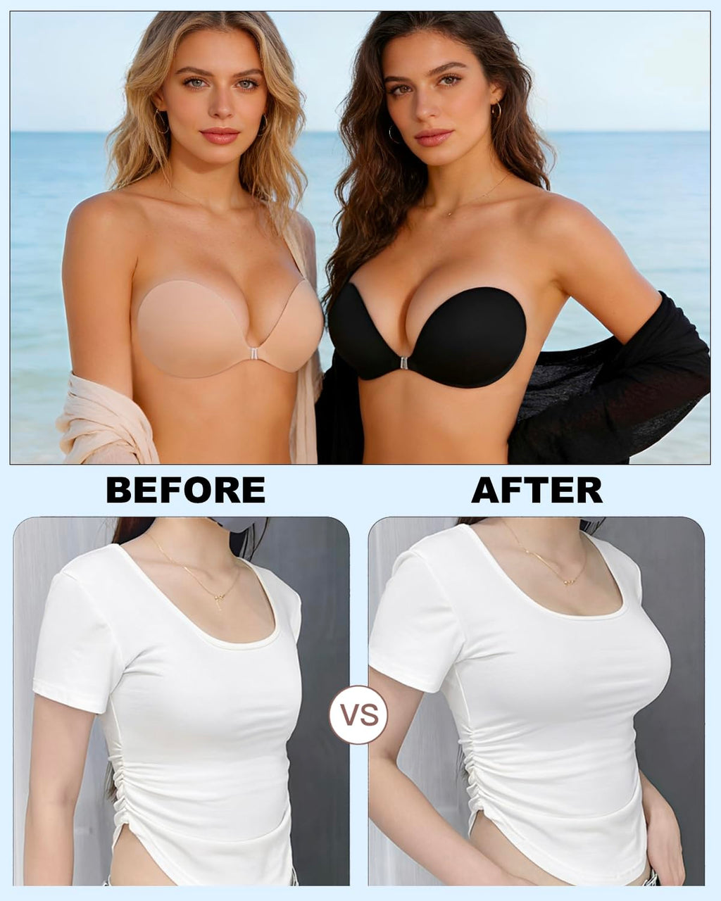 MITALOO Seamless Adhesive Bra Sticky Strapless Invisible Push up Bras Silicone Backless Nipple Cover for Women Beige Black