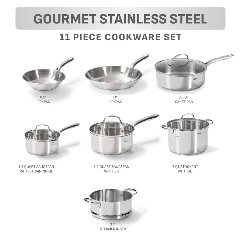 T-fal Stainless Steel Cookware Set 11 Piece, Induction, Oven Broiler Safe 500F, Kitchen Cooking Set w/Fry Pans, Saucepans, Saute Pan, Dutch Oven, Steamer, Pots and Pans, Dishwasher Safe, Silver