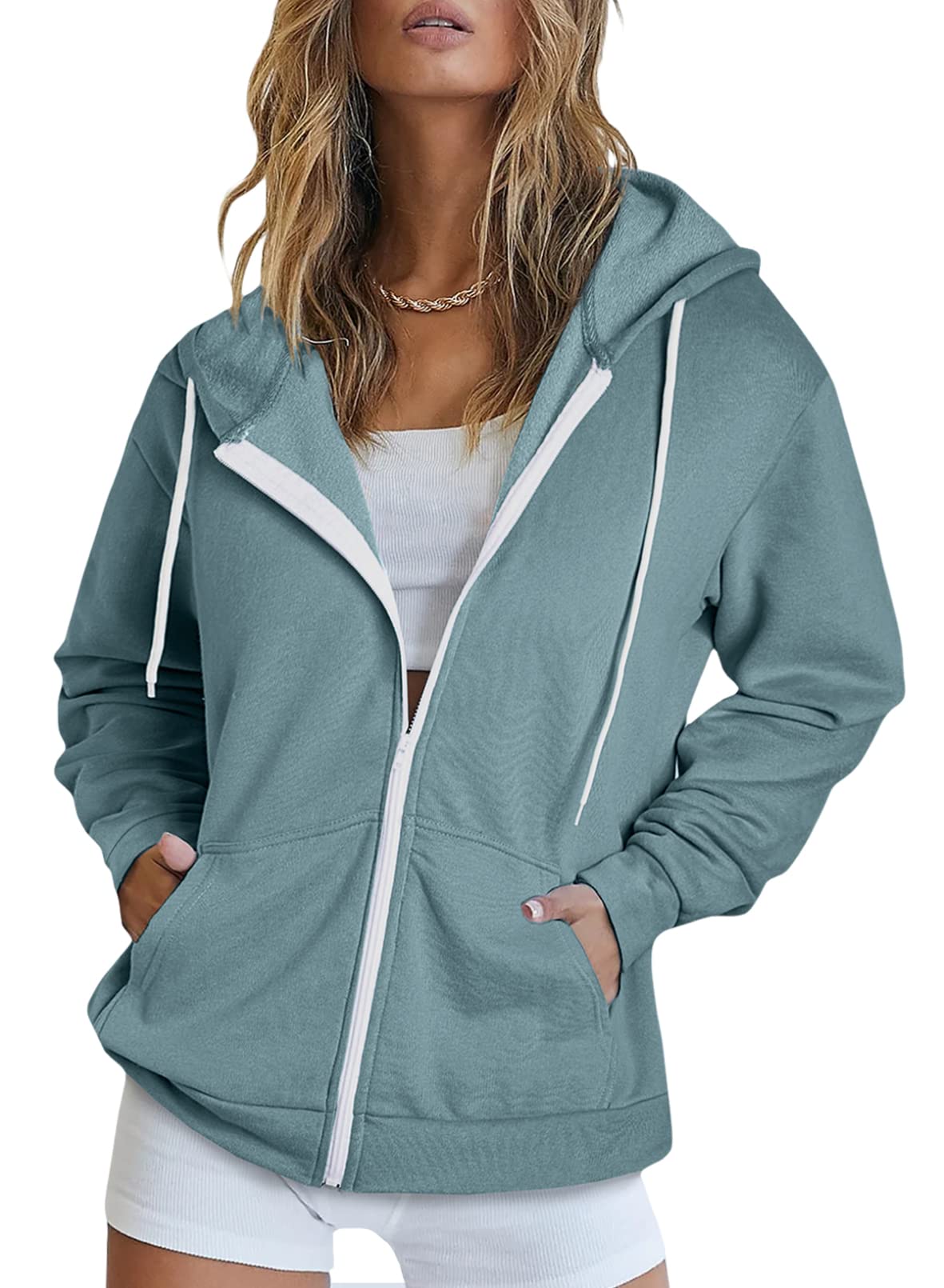 Dokotoo Women's Fall Solid Color Oversized Full Zip Up Hoodie Long Sleeve Plus Size Ladies Hooded Sweatshirts Pockets Jacket Coat for Women Teen Girls 2026 Fashion Casual Sky Blue Large