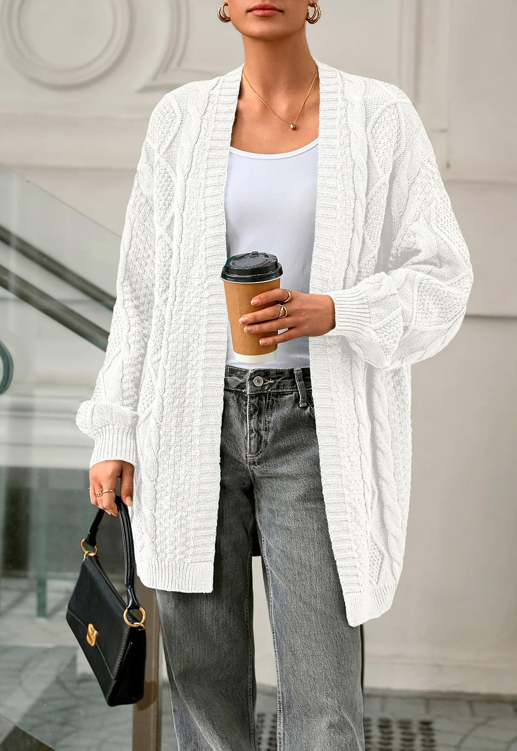 PRETTYGARDEN Women's Cable Knit Open Front Spring Sweater Lantern Long Sleeve Chunky Cardigan Sweaters Trendy Outerwear Coats (White, Medium)