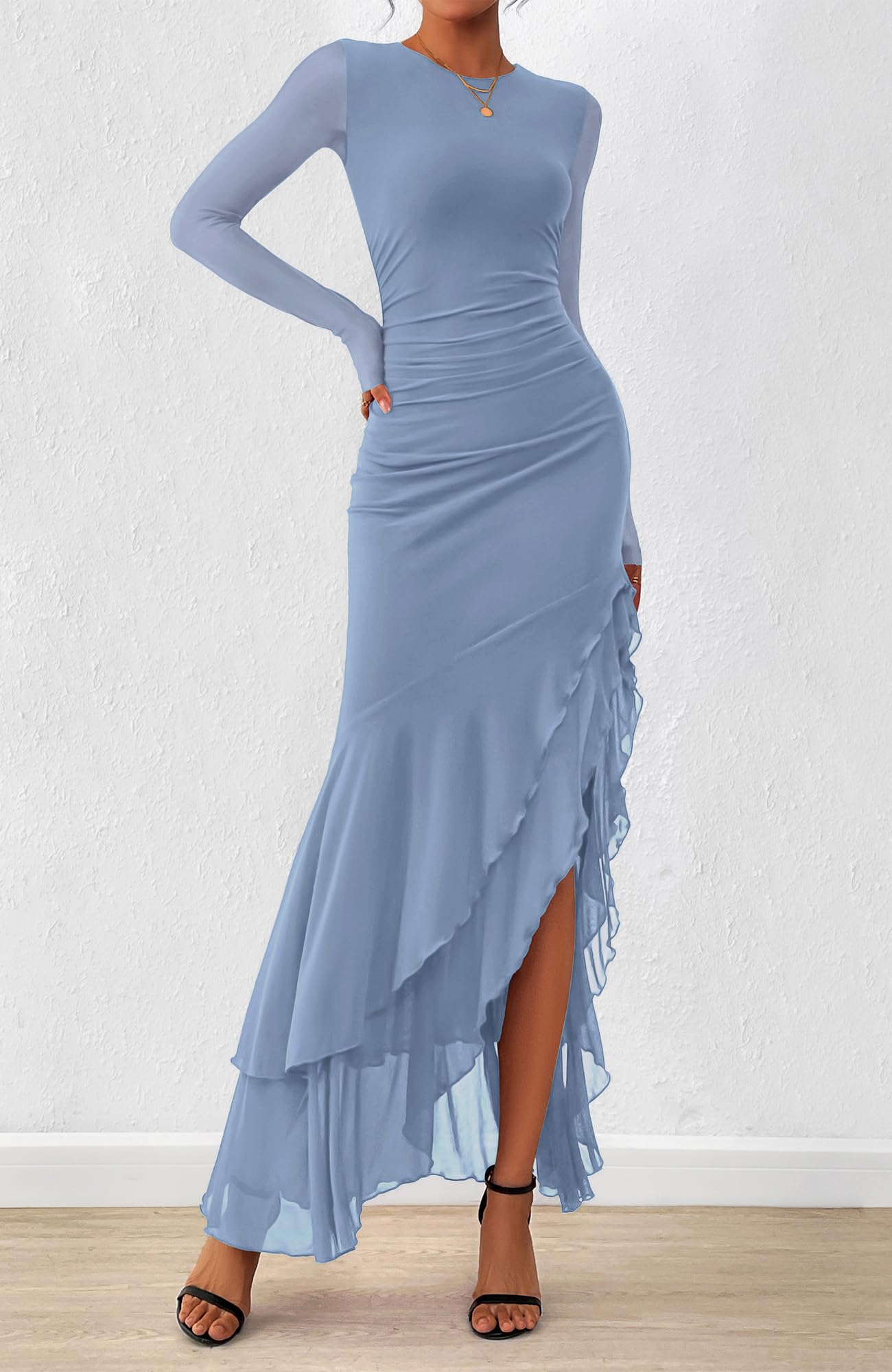 BTFBM Women's Maxi Dresses Spring 2026 Long Sleeve Ruched Bodycon Solid Ruffle Mermaid Cocktail Wedding Guest Dress(Grey Blue,Large)