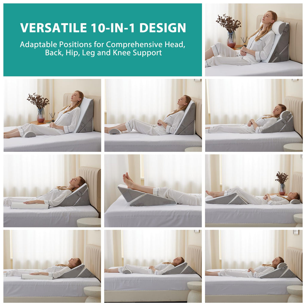 Bedluxe Wedge Pillow Headboard, 3PCS Orthopedic Bed Wedge Pillows Set for After Surgery, Adjustable Pillow Wedge for Acid Reflux&Back Pain Relief, Sleeping, Back Pillow for Bed Sitting Up, White/Grey