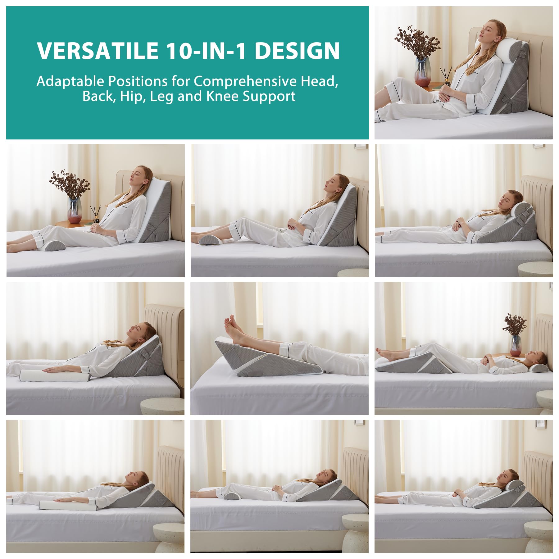 Bedluxe Wedge Pillow Headboard, 3PCS Orthopedic Bed Wedge Pillows Set for After Surgery, Adjustable Pillow Wedge for Acid Reflux&Back Pain Relief, Sleeping, Back Pillow for Bed Sitting Up, White/Grey