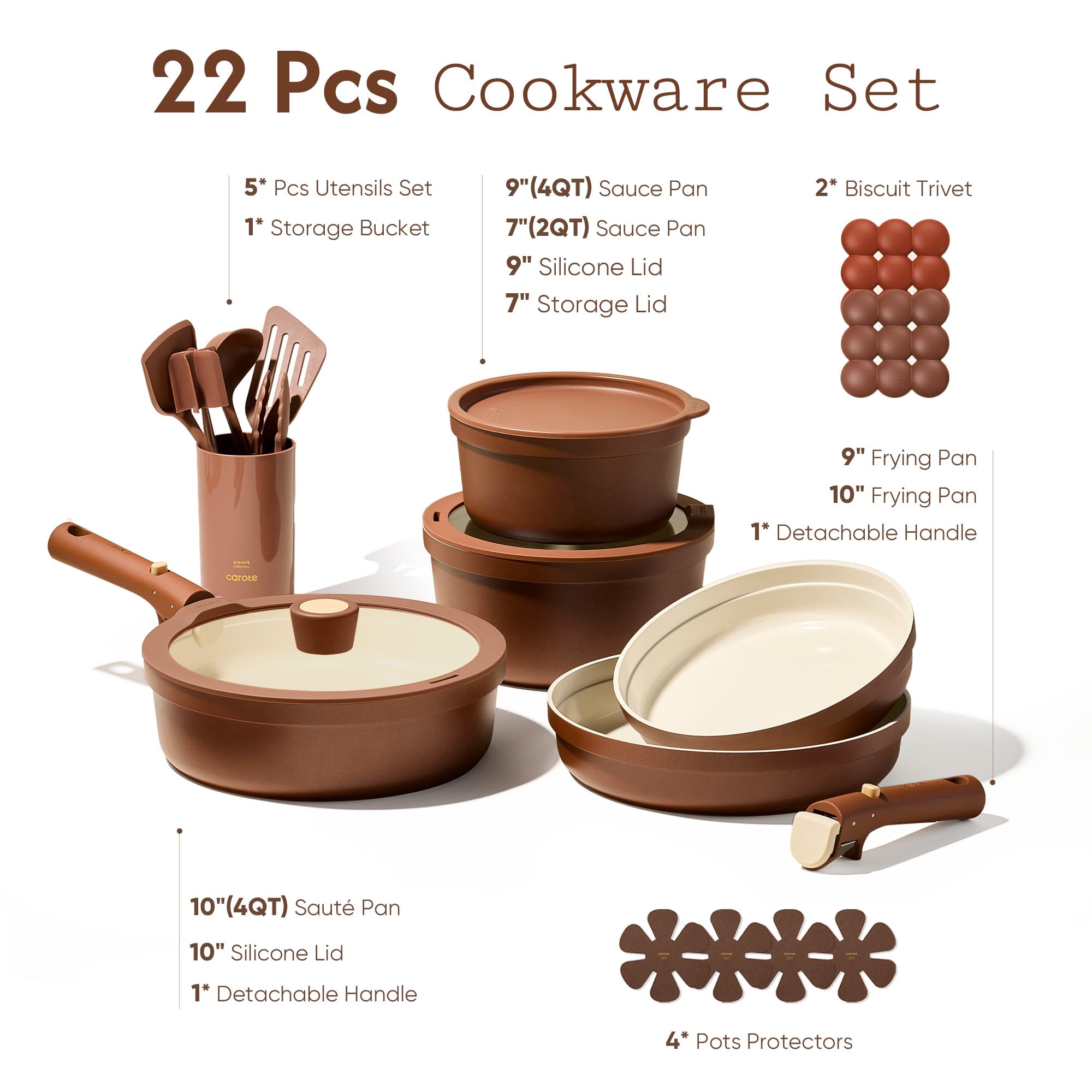 CAROTE 22Pcs Ceramic Cookware Set, Pots and Pans Set Non Stick Removable Handles, Non Toxic Cookware Oven/Dishwasher Safe, Induction Cookware, Gift Set, NonStick Cookware Set with Kitchen Essentials