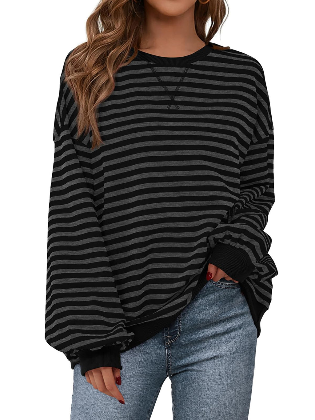 PRETTYGARDEN Women Striped Oversized Sweatshirt Color Block Crew Neck Long Sleeve Casual Pullover Top Spring Y2K Clothes (Black Dark Grey, Small)