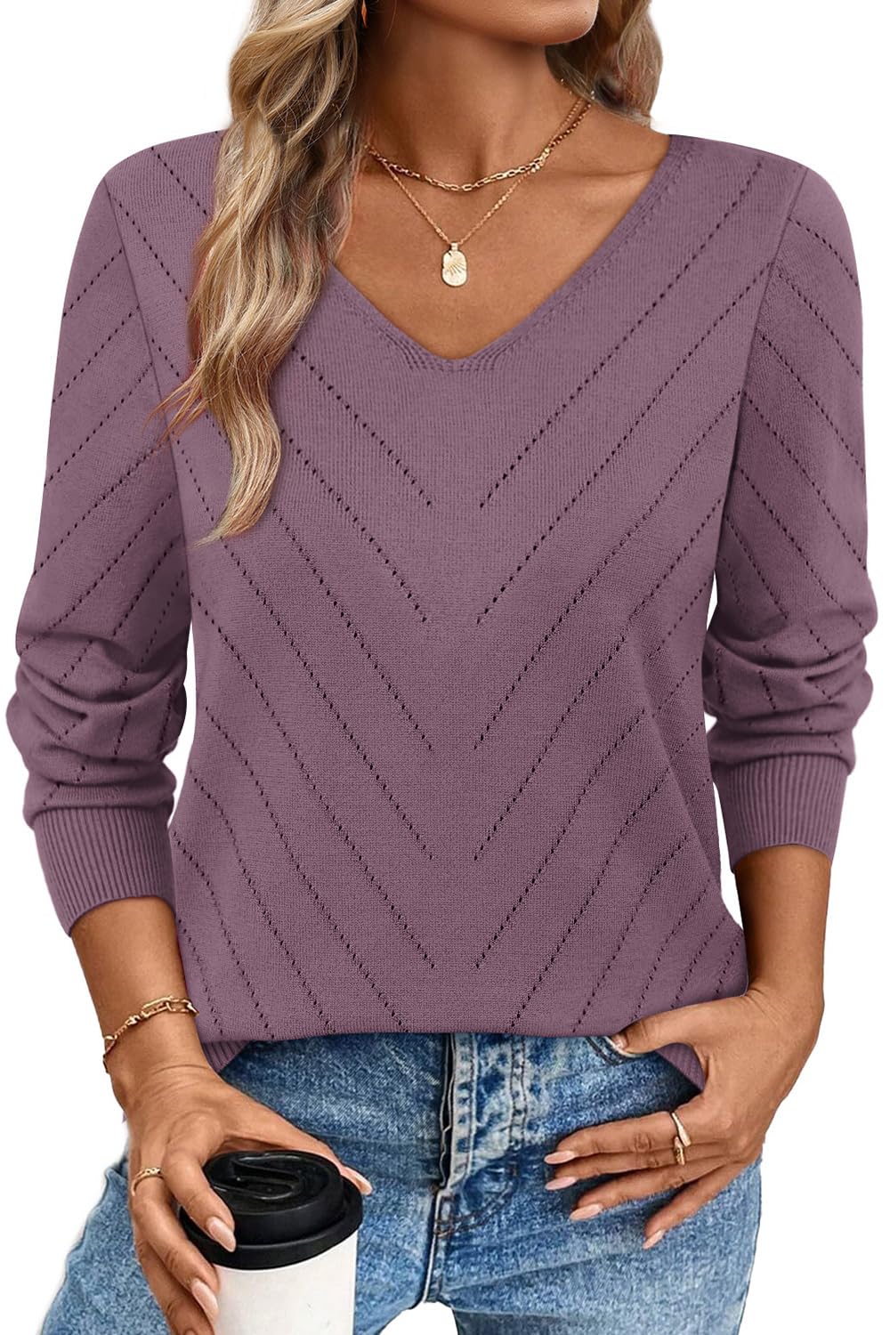 WIHOLL Womens Sweaters Dressy Casual Lightweight Long Sleeve Trendy Fall Tops V Neck Business Casual Outfits Travel Vacation Clothes Soft Cozy Warm Knit Spring Outfits Pullovers Grey Purple M