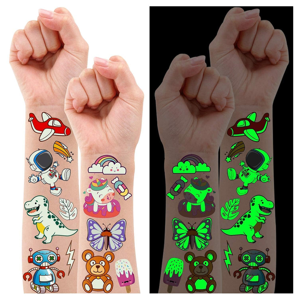 Partywind 380 Styles (30 Sheets) Luminous Tattoos for Kids, Mixed Styles Temporary Tattoos Stickers with Mermaid/Dinosaur/Space/Pirate for Boys and Girls, Glow Party Supplies