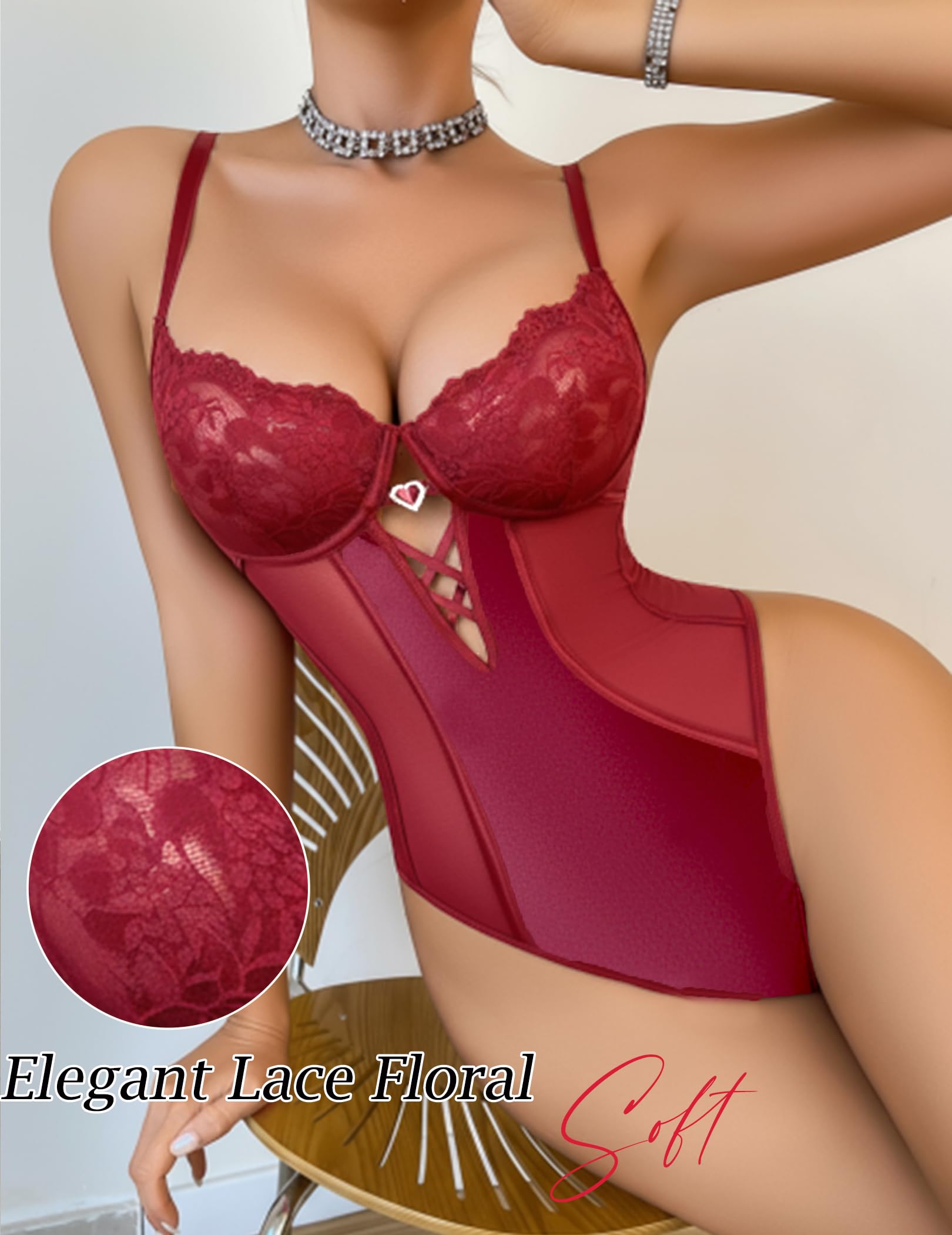 Avidlove Sexy Lingerie for Women Deep V Lace Teddy Lingerie Snap Crotch Bodysuit Cut Out One Piece Babydoll （ Deep Red, S